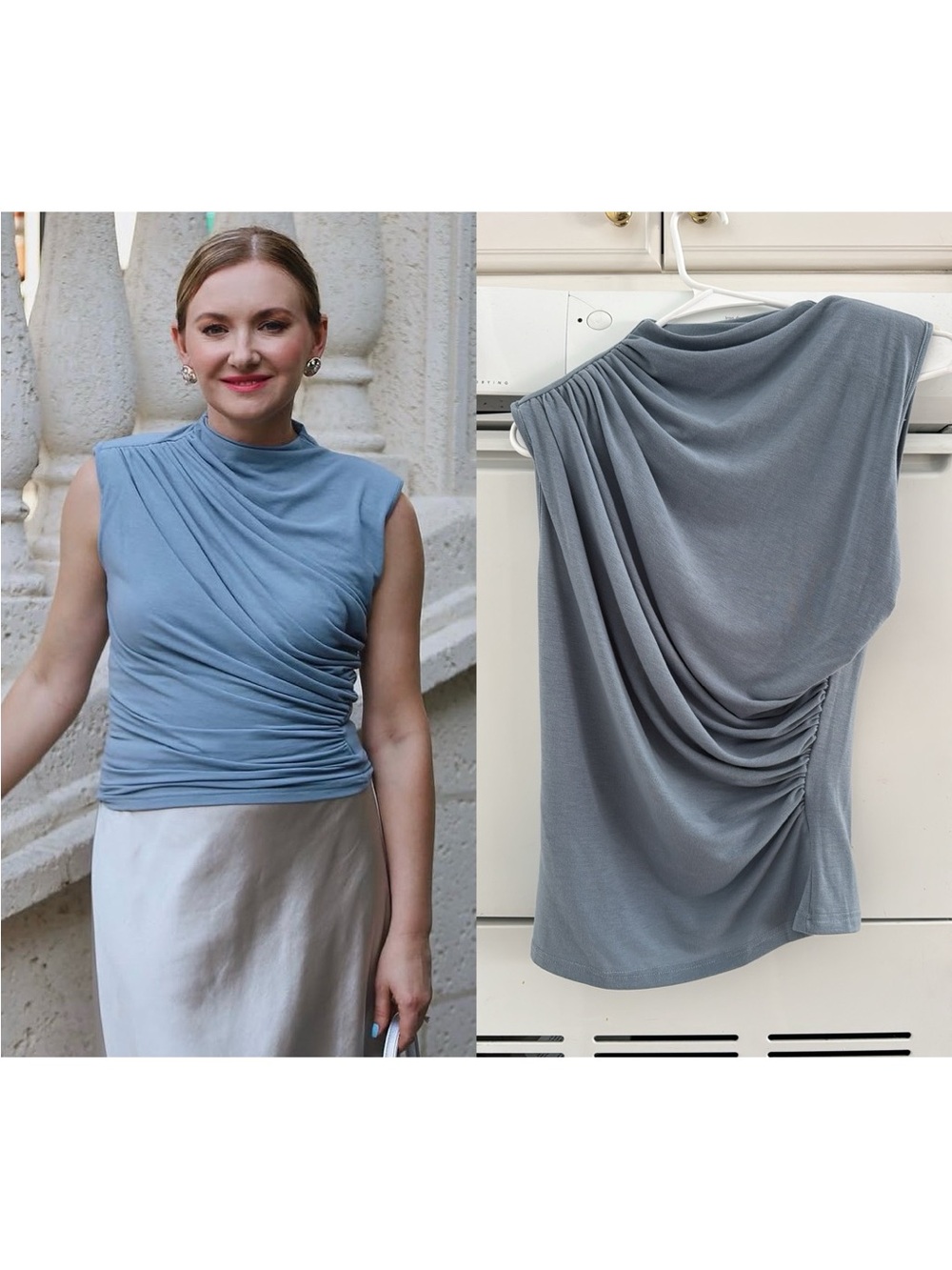 Milumia Draped Ruched Sleeveless Top Gray Blue Size S Shoulder Pad Stretch